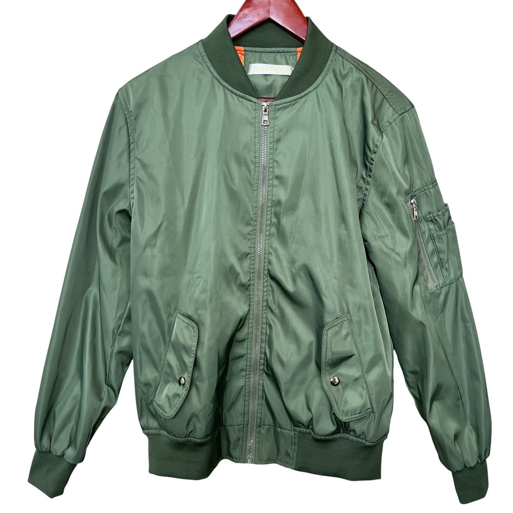Yadanluwa Mens Olive Green MA-1 Bomber Flight Jacket Orange Lining Small